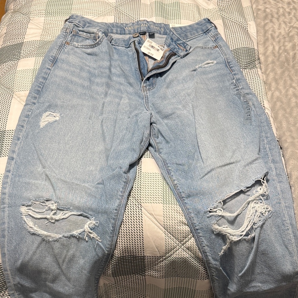 AE Curvy Mom Light Blue Distressed Jeans